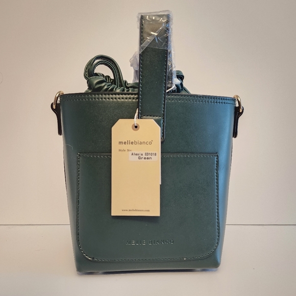 Melie Bianco Alexis Small Vegan Leather Bucket Crossbody Green NWT Drawstring - Picture 3 of 9
